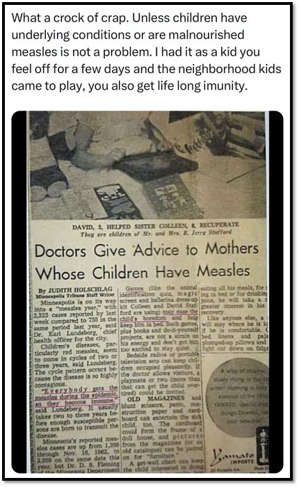 A newspaper clipping features an article titled "Doctors Give Advice to Mothers Whose Children Have Measles." The top portion includes a photo of two children. Above the image, a comment dismisses measles concerns and mentions lifelong immunity.