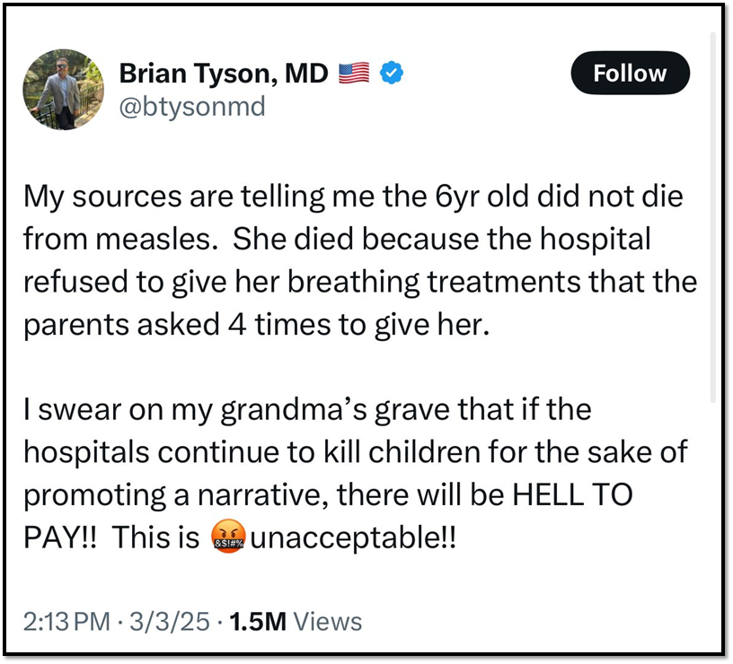 Tweet by Brian Tyson, MD, about a 6-year-old allegedly dying from lack of treatment at a hospital. He accuses hospitals of promoting a narrative, expressing anger and emphasizing "HELL TO PAY" for such actions.