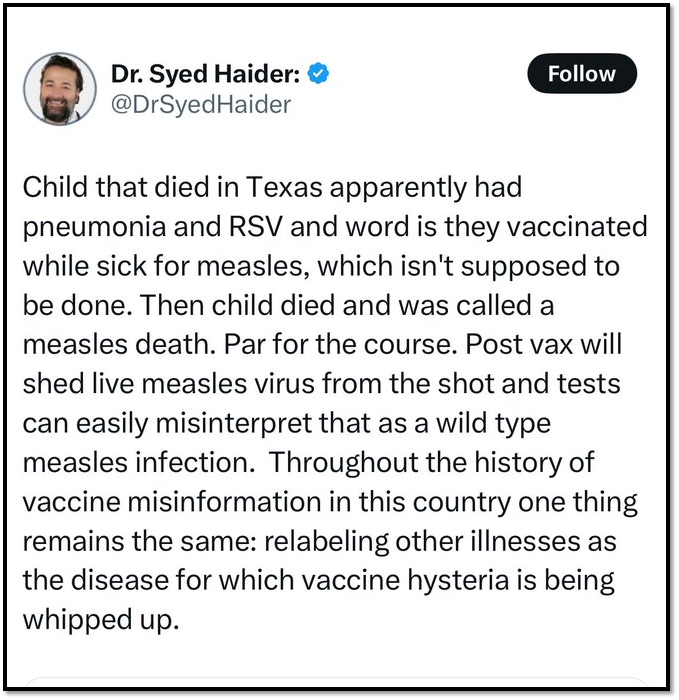 Screenshot of a tweet by Dr. Syed Haider expressing skepticism about vaccine reactions and misinformation. The tweet discusses a child who died of pneumonia and RSV, perceived vaccine side effects, and historical medical mislabeling.