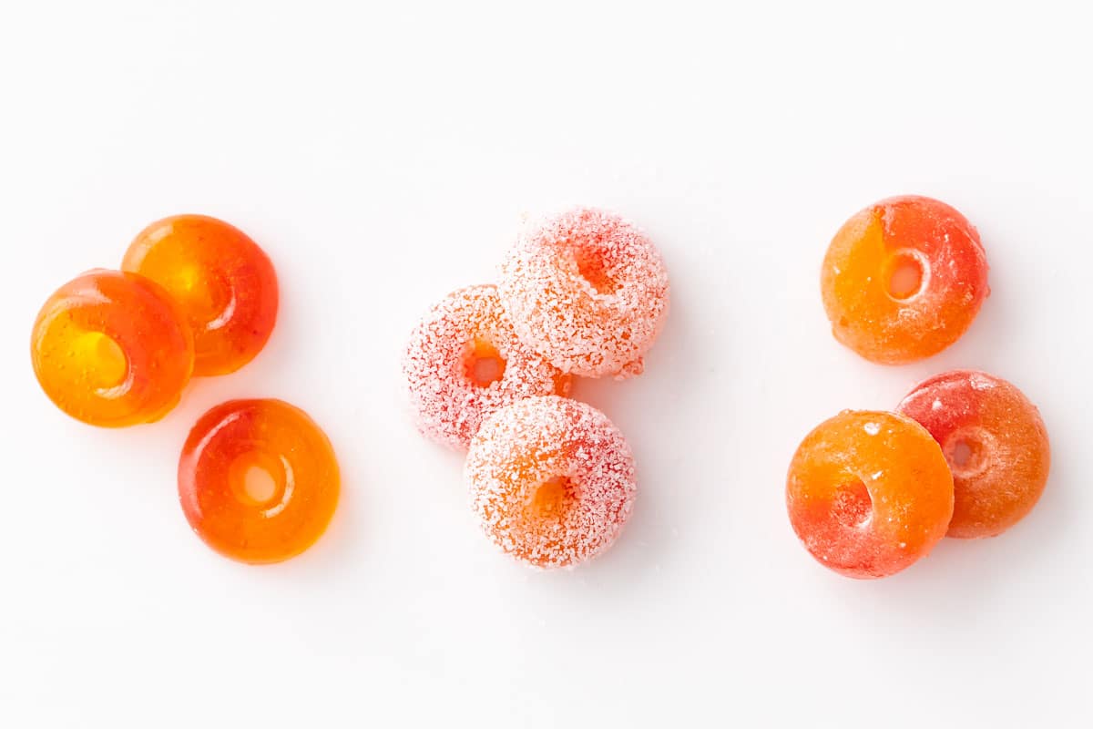 Comparing the appearance of three different coatings on the gummies.