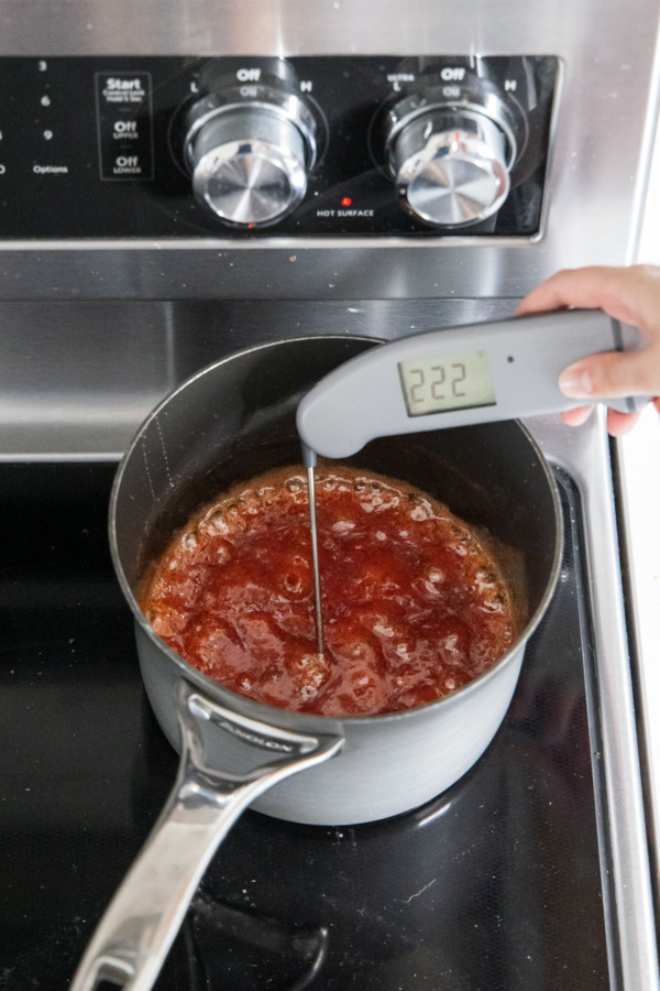 Taking the temperature of the peach sugar mixture to check for doneness.