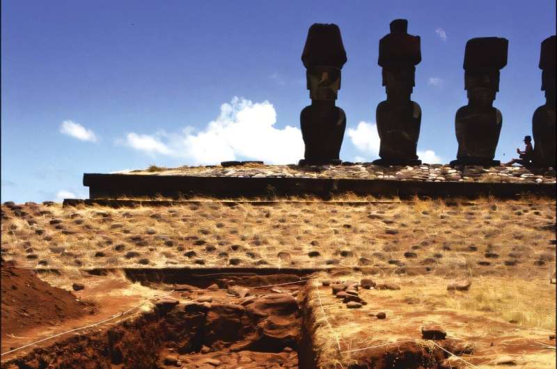 Early ritual structure with pavement and platform at Ahu Nau Nau, Anakena, on Rapa Nui. Above it is the rebuilt elaborated ahu with moai statues. Credit: A. Skjölsvold, Antiquity Rapa Nui not as isolated as expected