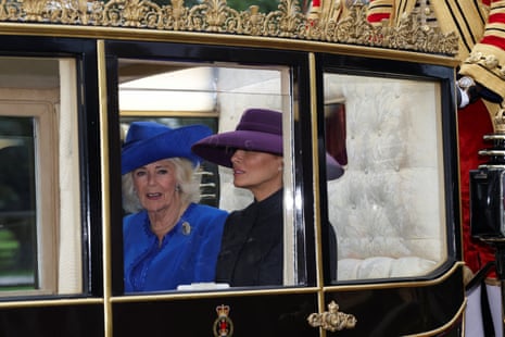 Queen Camilla and US first lady Melania Trump in another carriage.