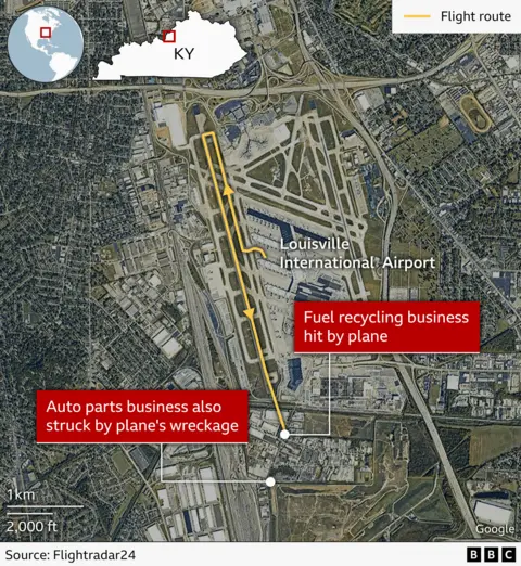A map showing the path of the UPS flight on the runway before it crashed, with the businesses it struck also labelled